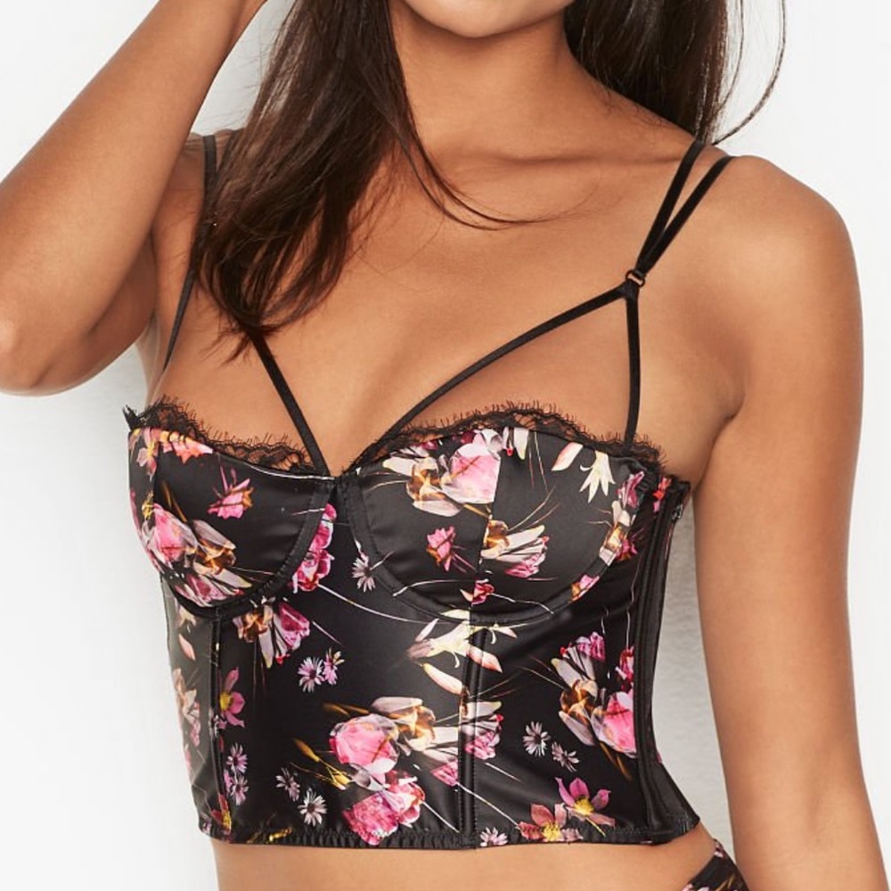 Victoria's Secret Size 34C Bustier Corset Black Floral Satin NEW